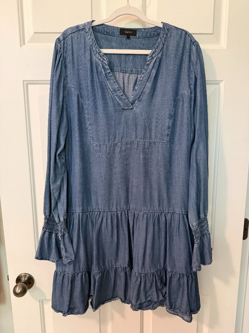 Quince Chambray Tiered Mini Dress - Denim Blue - Size L - New!